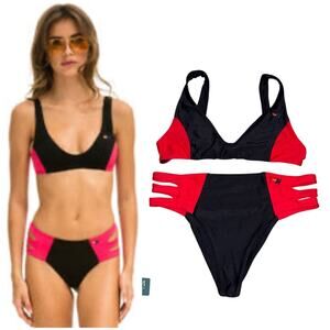 Aviator‎ Nation Women’s Colorblock Bikini Set Red Black Sz Large Top & Bottom